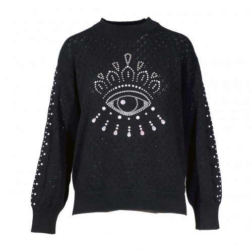 KENZO BLACK KNIT BLOUSE WITH  PEARL CABOCHON SIZE:L