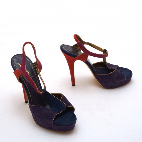 YSL PURPLE BLUE SUEDE SANDALS WITH RED HEEL 37,5