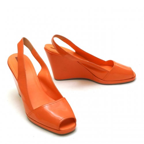 PRADA PATENT LEATHER CORAL WEDGES SIZE:41